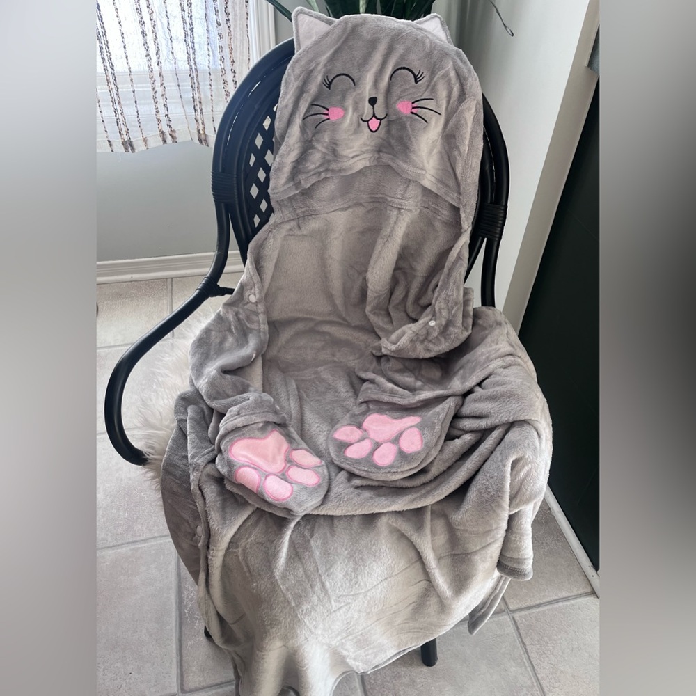 Gray Cat Hooded Blanket with Pink Paw Prints